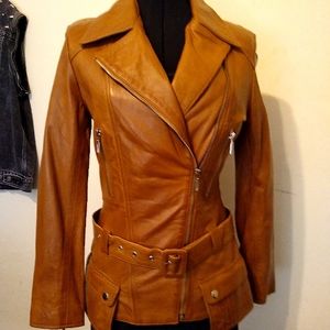 Ladies Medium Brown Leather Moto Jacket by Feminine Touch